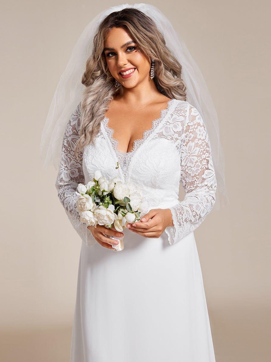 Plus Size Elegant Lace Chiffon Long Sleeves A-Line Wedding Dress #color_White