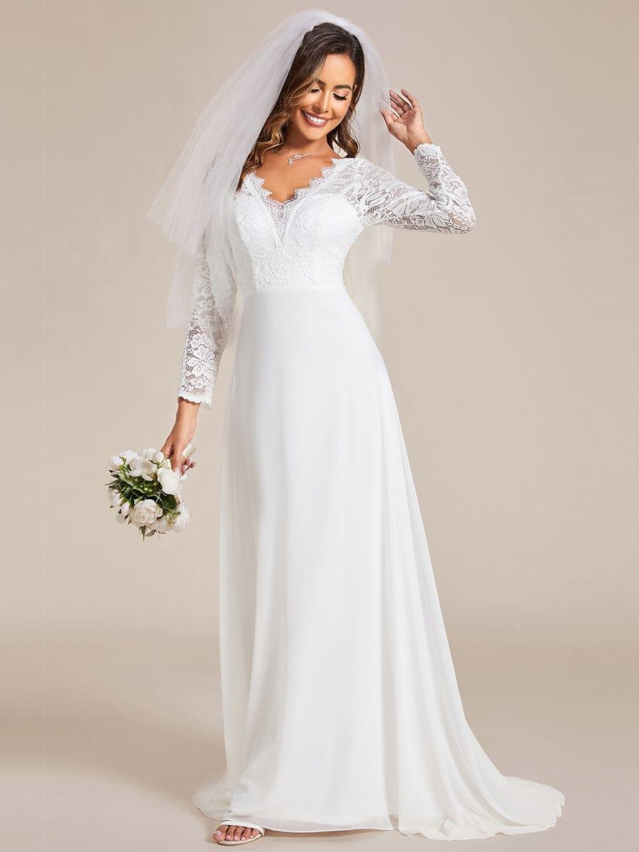 Elegant Lace Chiffon Long Sleeves A-Line Wedding Dress #color_White Elegant Lace Chiffon Long Sleeves A-Line Wedding Dress