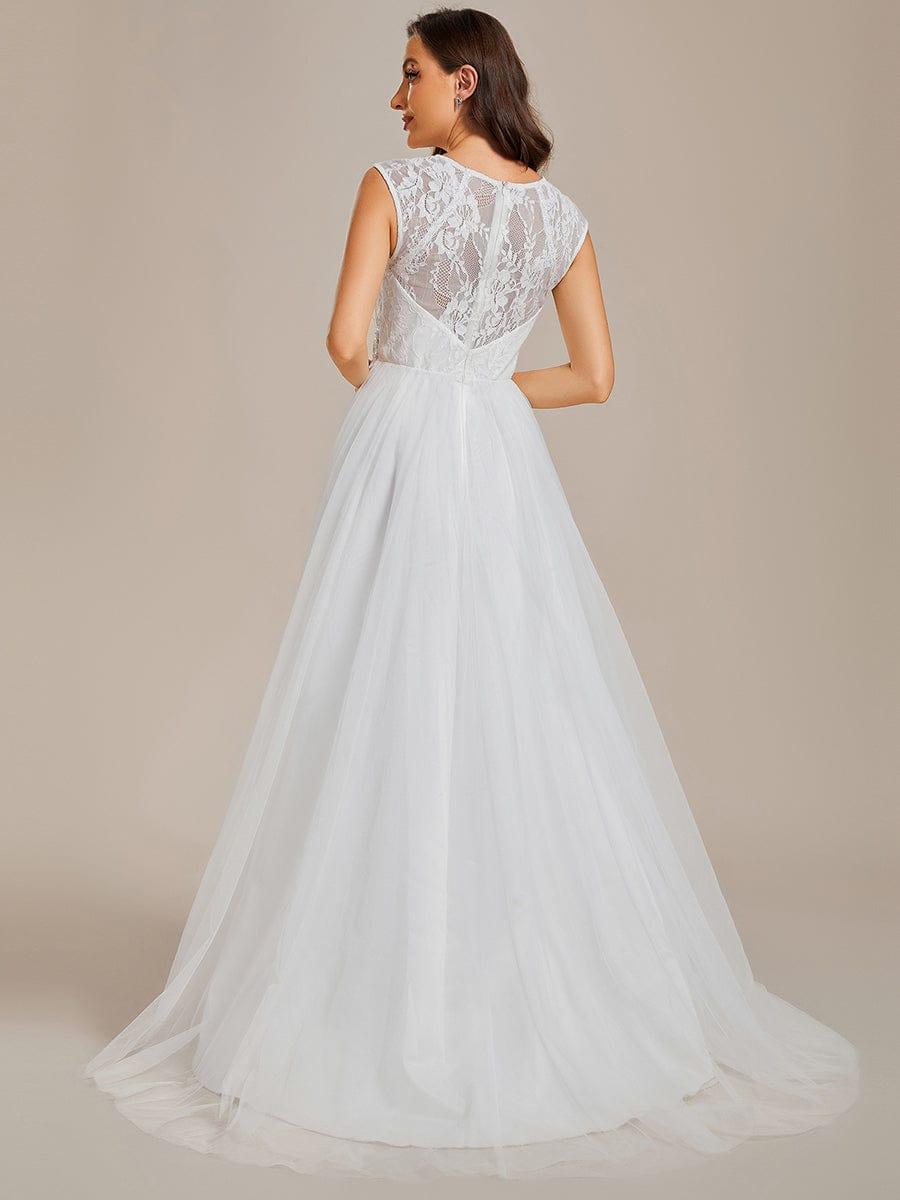 Romantic See-Through Lace Sleeveless A-Line Wedding Dress #color_White Romantic See-Through Lace Sleeveless A-Line Wedding Dress