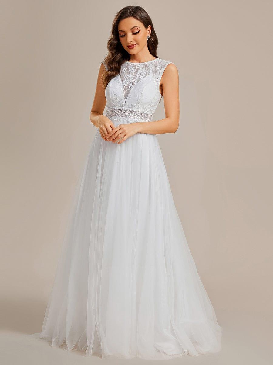 Romantic See-Through Lace Sleeveless A-Line Wedding Dress #color_White Romantic See-Through Lace Sleeveless A-Line Wedding Dress
