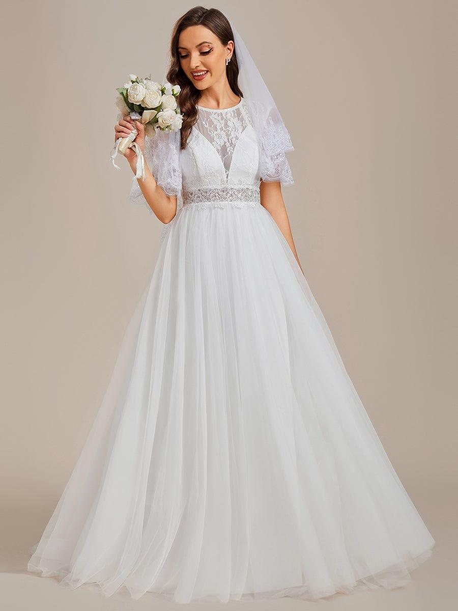 Romantic See-Through Lace Sleeveless A-Line Wedding Dress #color_White Romantic See-Through Lace Sleeveless A-Line Wedding Dress