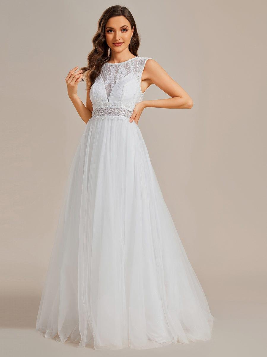 Romantic See-Through Lace Sleeveless A-Line Wedding Dress #color_White Romantic See-Through Lace Sleeveless A-Line Wedding Dress