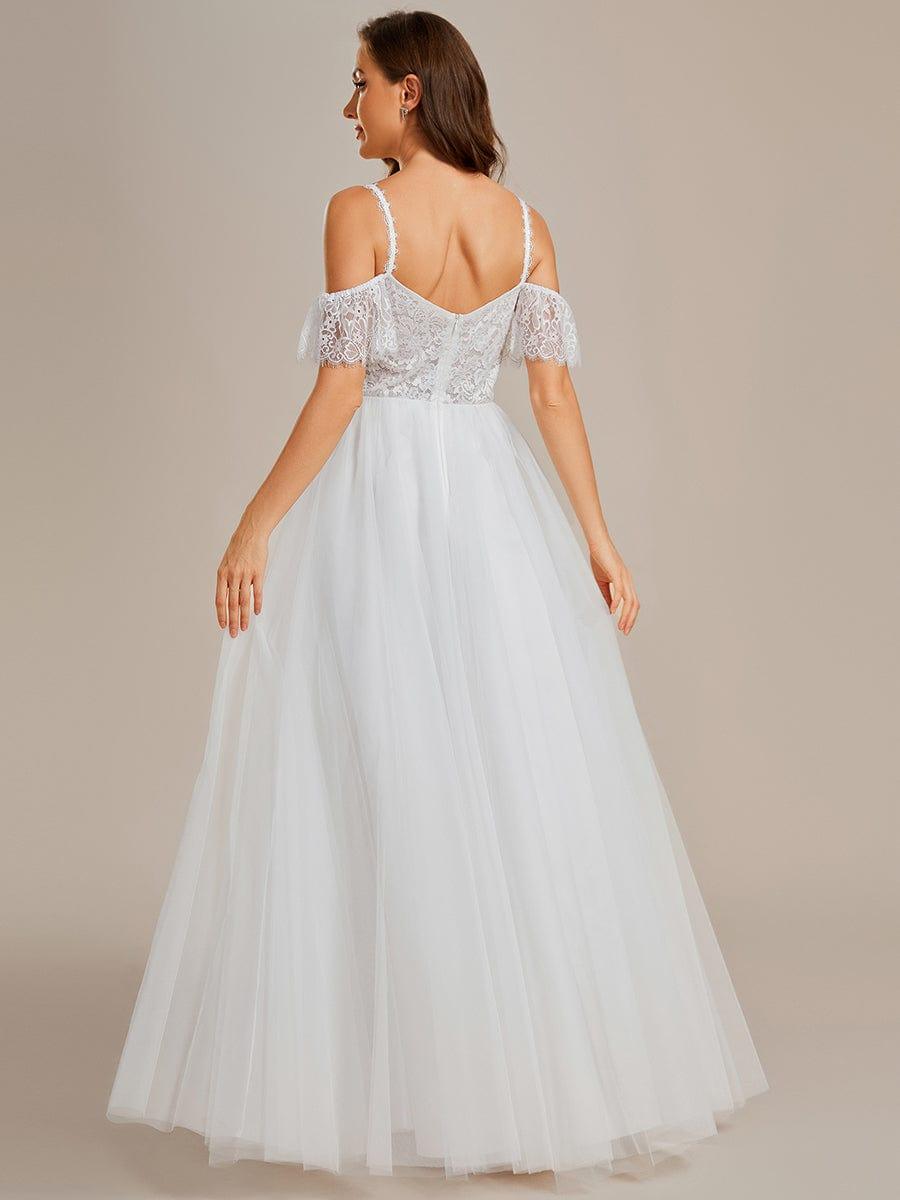 See-Through Lace Bodice Spaghetti Strap Cold Shoulder Tulle Wedding Dress #color_White See-Through Lace Bodice Spaghetti Strap Cold Shoulder Tulle Wedding Dress