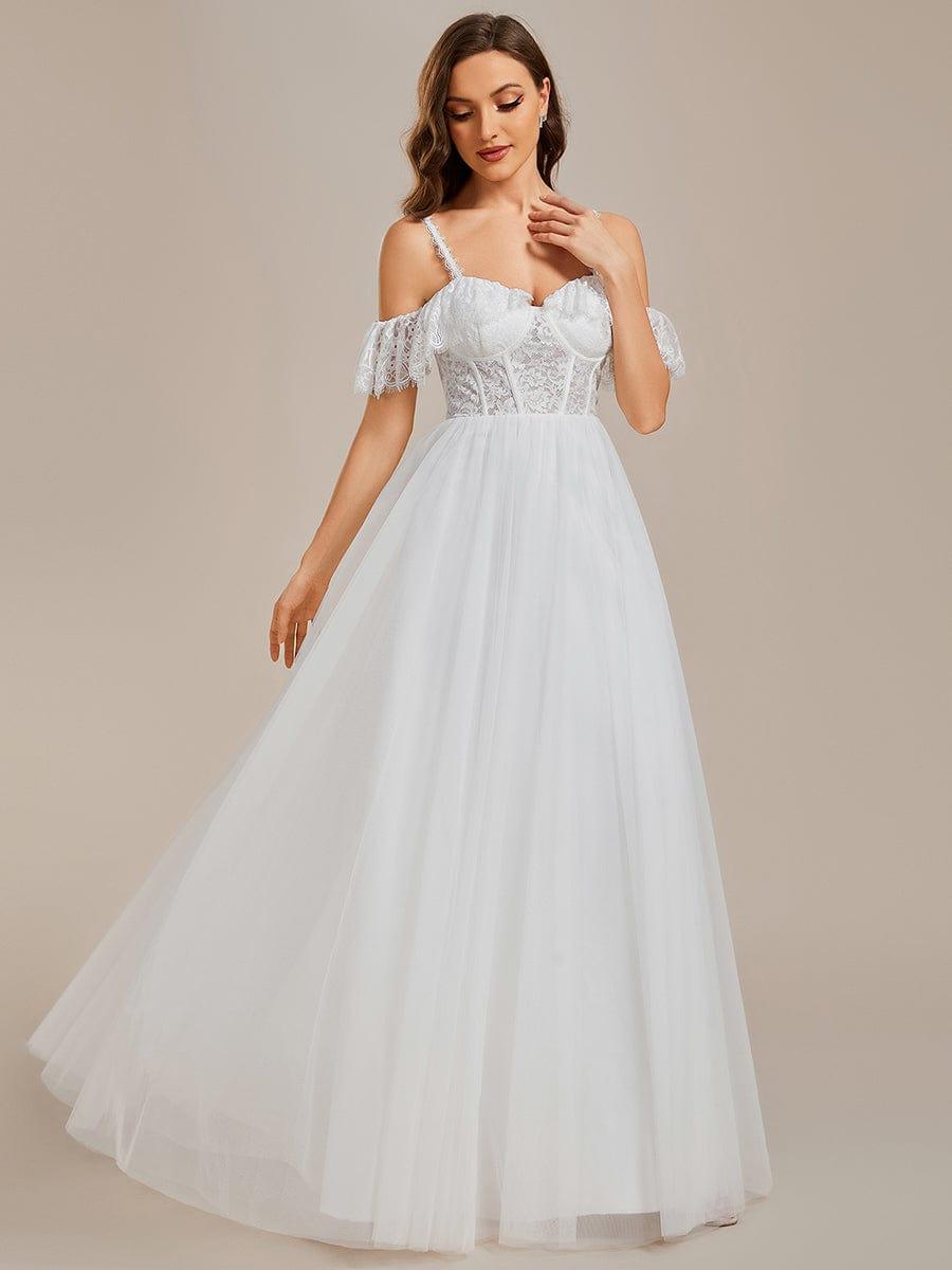 See-Through Lace Bodice Spaghetti Strap Cold Shoulder Tulle Wedding Dress #color_White See-Through Lace Bodice Spaghetti Strap Cold Shoulder Tulle Wedding Dress