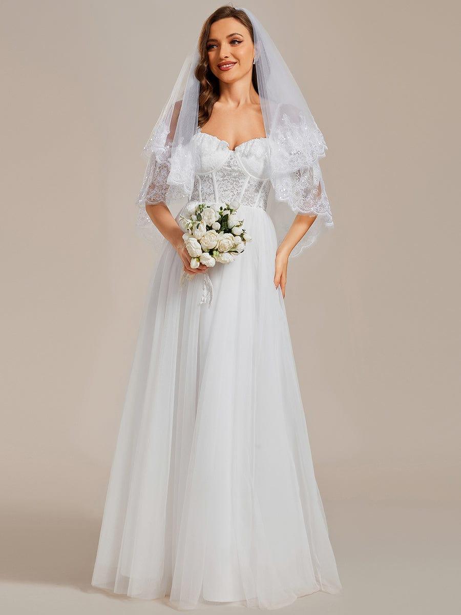 See-Through Lace Bodice Spaghetti Strap Cold Shoulder Tulle Wedding Dress #color_White See-Through Lace Bodice Spaghetti Strap Cold Shoulder Tulle Wedding Dress