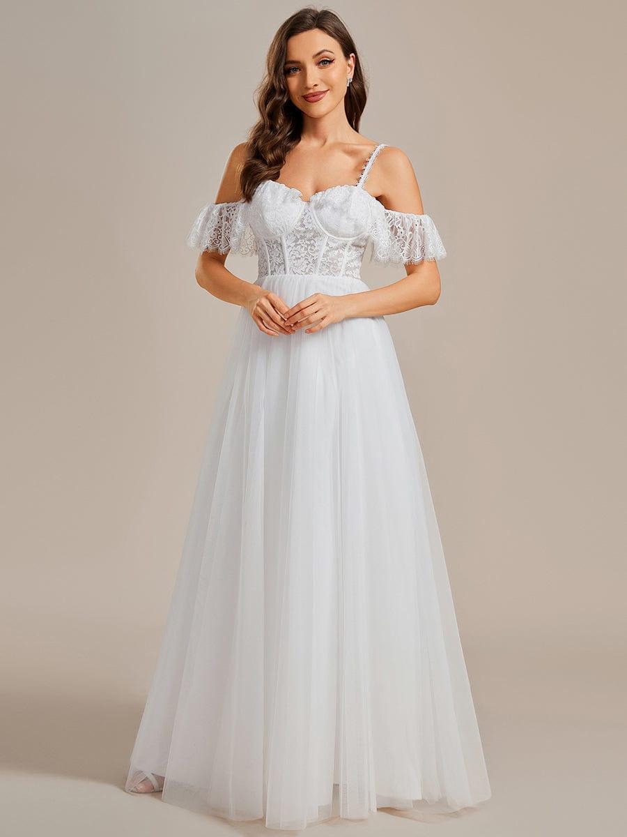 See-Through Lace Bodice Spaghetti Strap Cold Shoulder Tulle Wedding Dress #color_White See-Through Lace Bodice Spaghetti Strap Cold Shoulder Tulle Wedding Dress