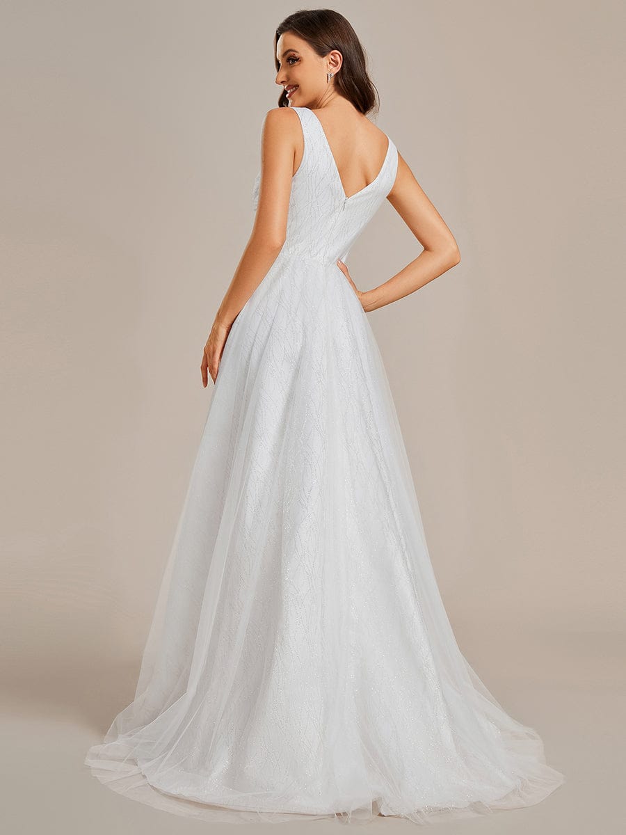 Glittery V-Neck Twisted Tulle A-Line Wedding Dress #color_White Glittery V-Neck Twisted Tulle A-Line Wedding Dress