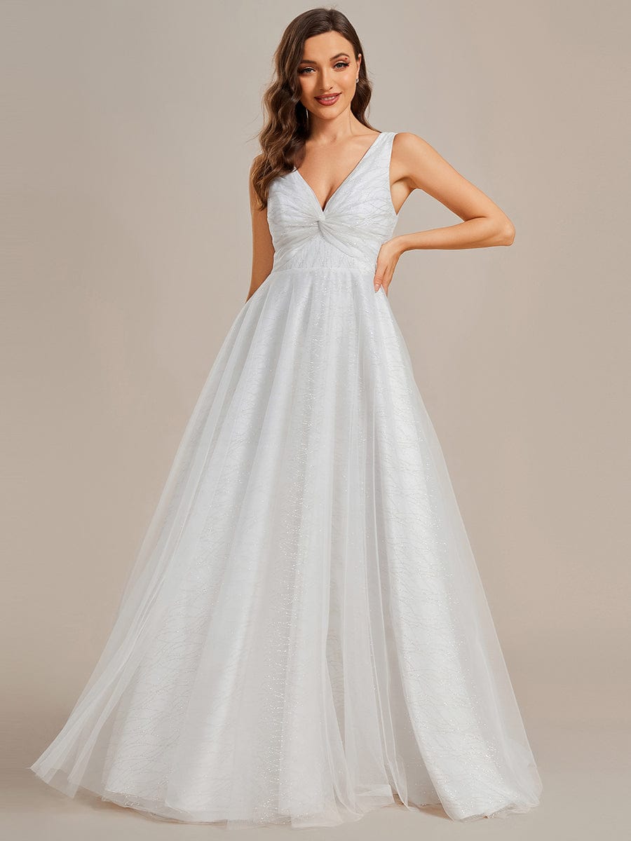 Glittery V-Neck Twisted Tulle A-Line Wedding Dress #color_White Glittery V-Neck Twisted Tulle A-Line Wedding Dress