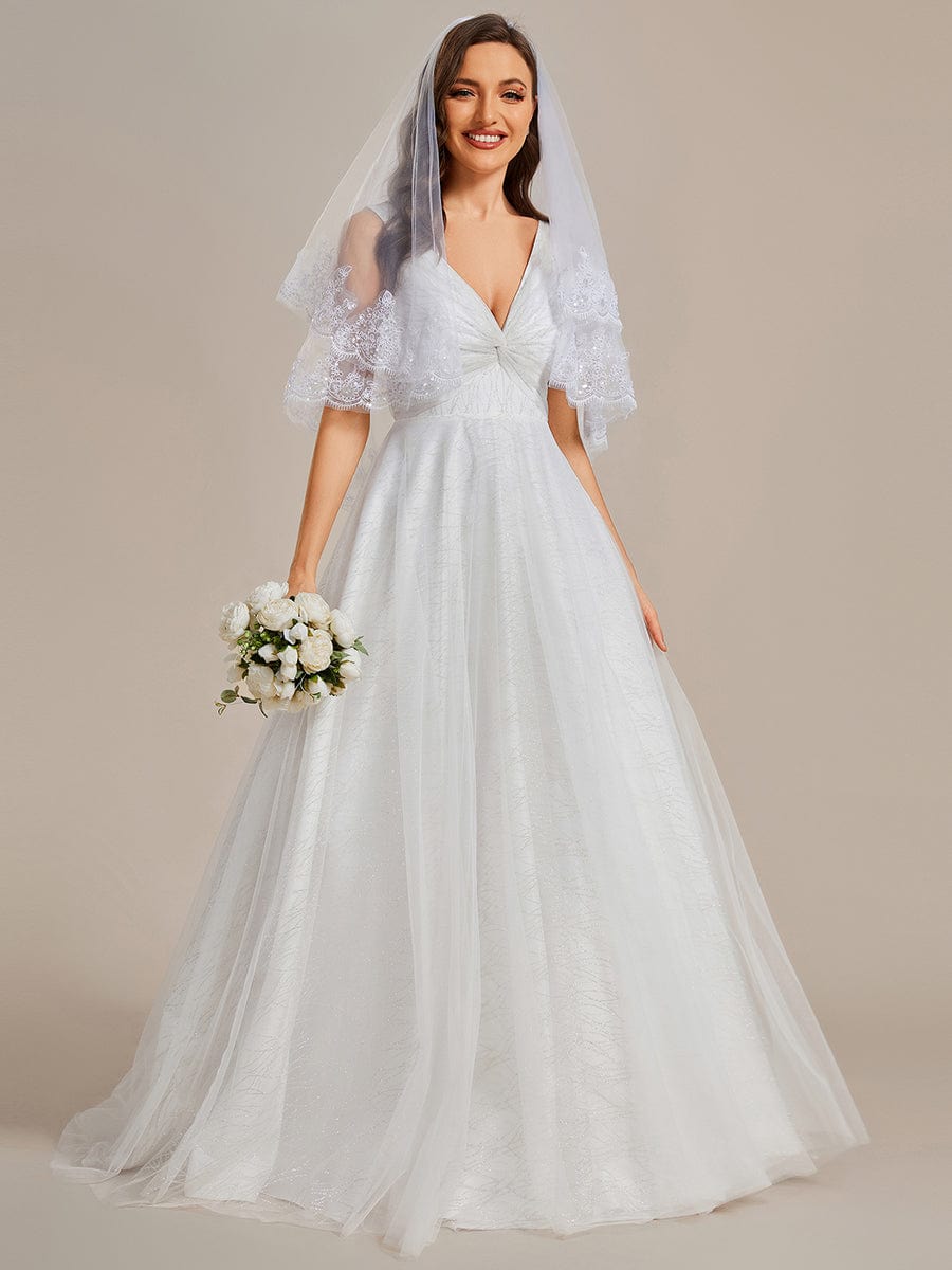 Glittery V-Neck Twisted Tulle A-Line Wedding Dress #color_White Glittery V-Neck Twisted Tulle A-Line Wedding Dress