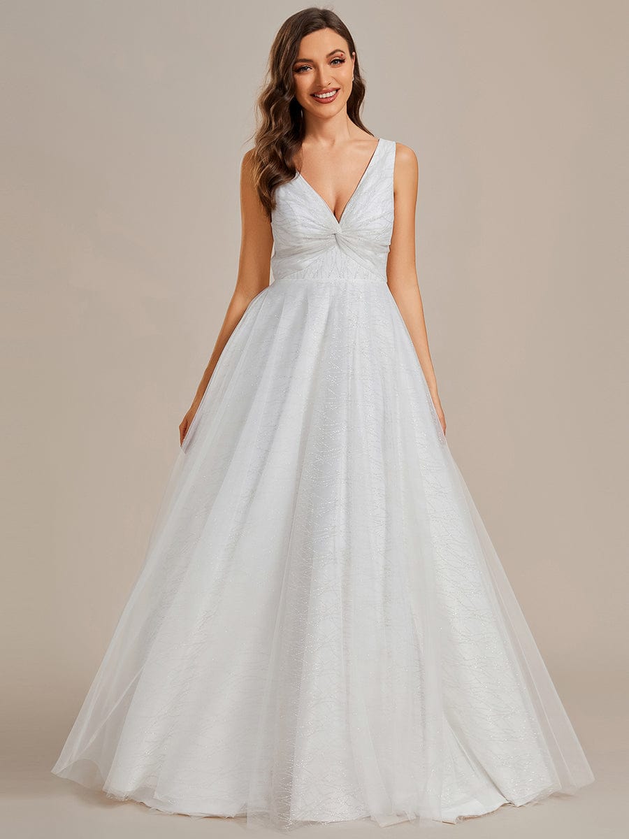 Glittery V-Neck Twisted Tulle A-Line Wedding Dress #color_White Glittery V-Neck Twisted Tulle A-Line Wedding Dress