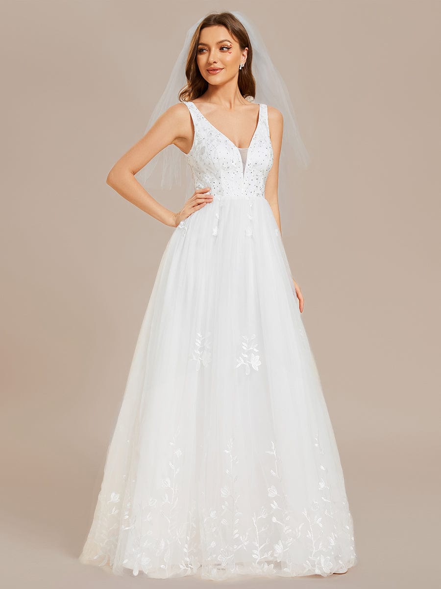 Sleeveless V-Neck A Line Embroidered Wedding Dress #color_White