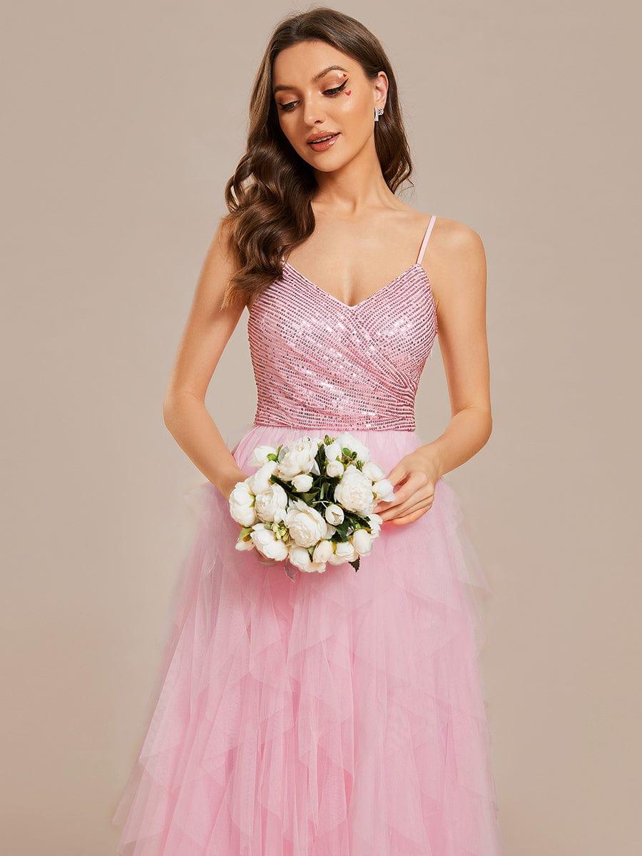 Sparkling V-Neck Spaghetti Straps Tulle Wedding Dress #color_White Sparkling V-Neck Spaghetti Straps Tulle Wedding Dress