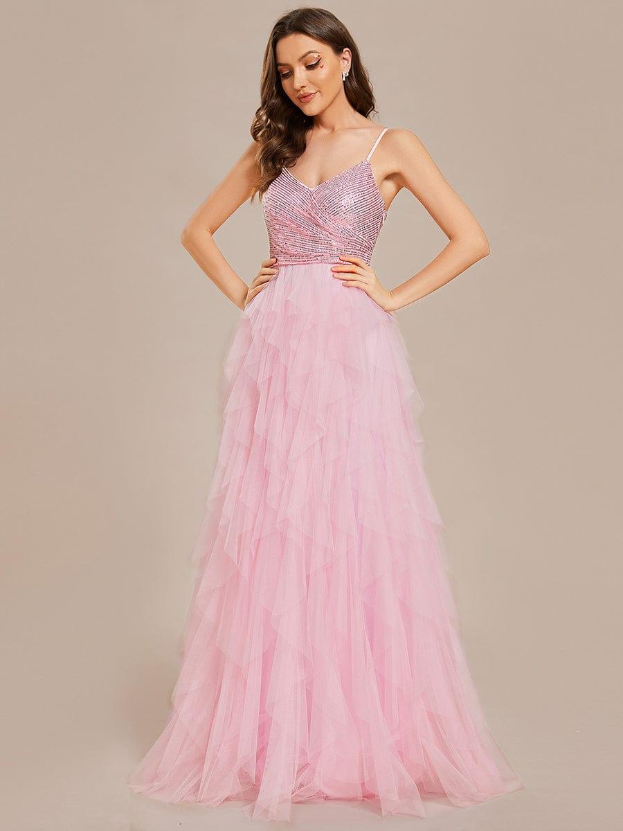 Sparkling V-Neck Spaghetti Straps Tulle Wedding Dress #color_White Sparkling V-Neck Spaghetti Straps Tulle Wedding Dress