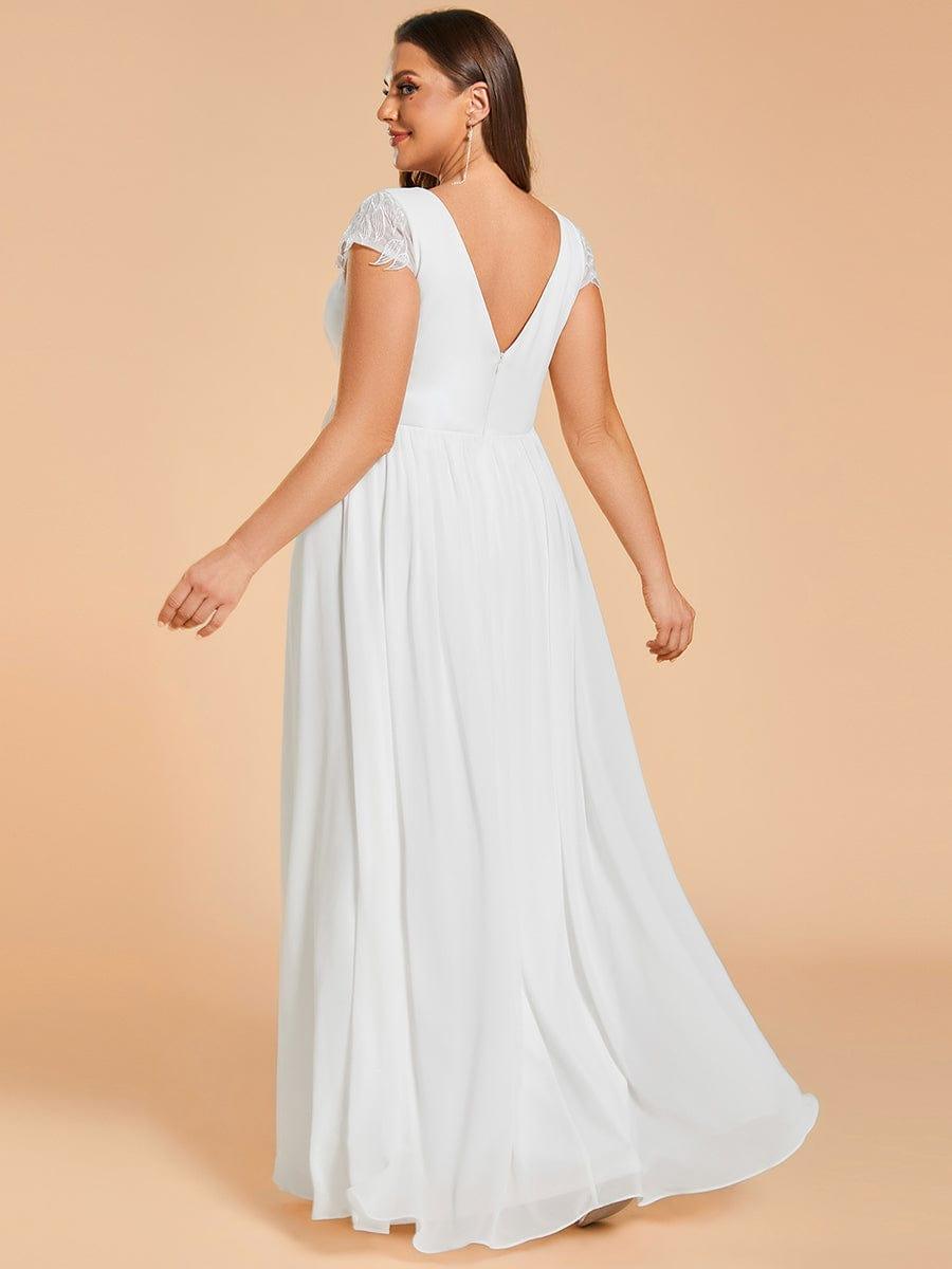 Plus-size V-Neck and Pleated Chiffon Wedding Dresses with Short Sleeves #color_White