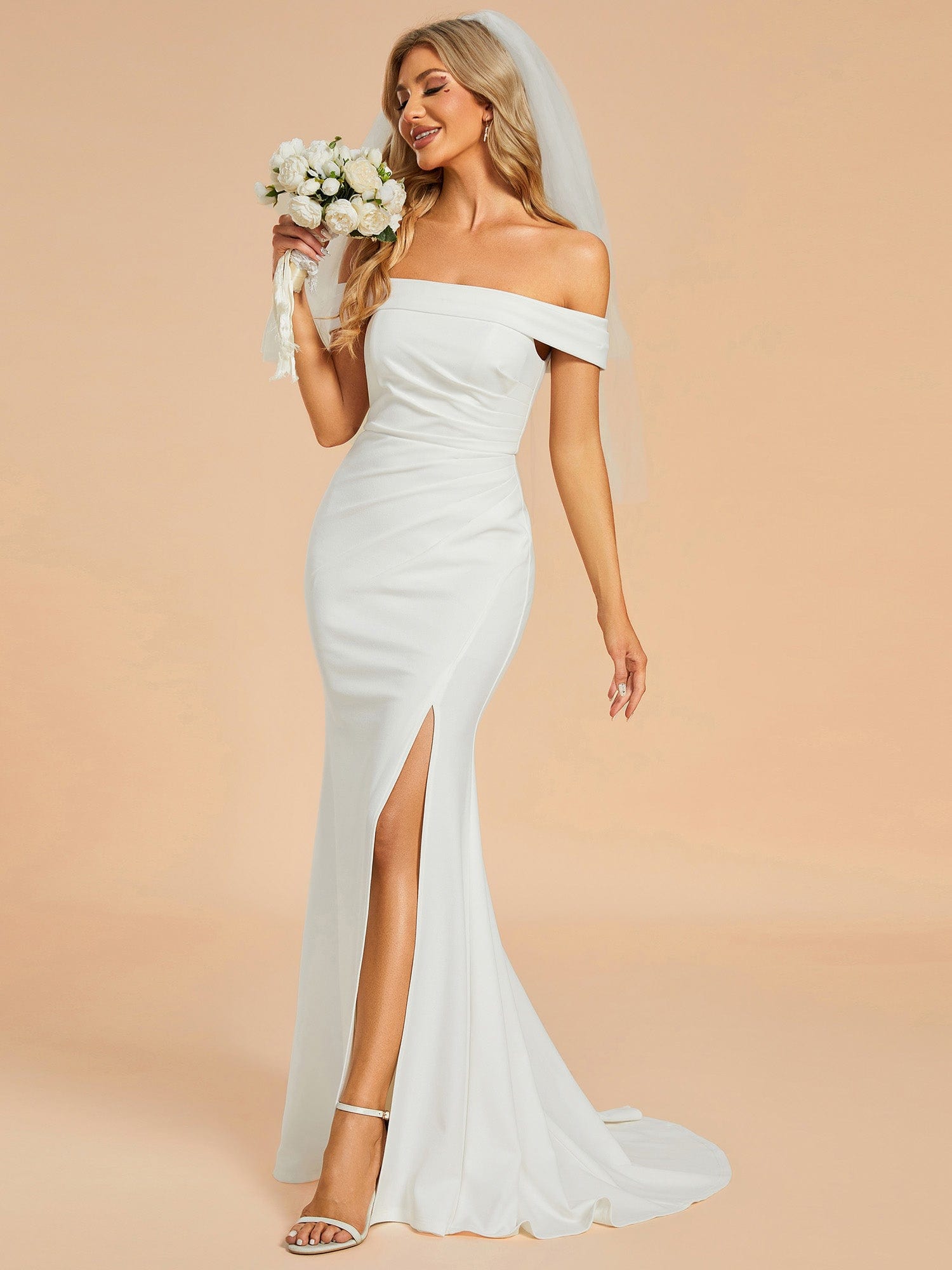 Off Shoulder Pleated Mermaid Wedding Dress with High Slit #color_White