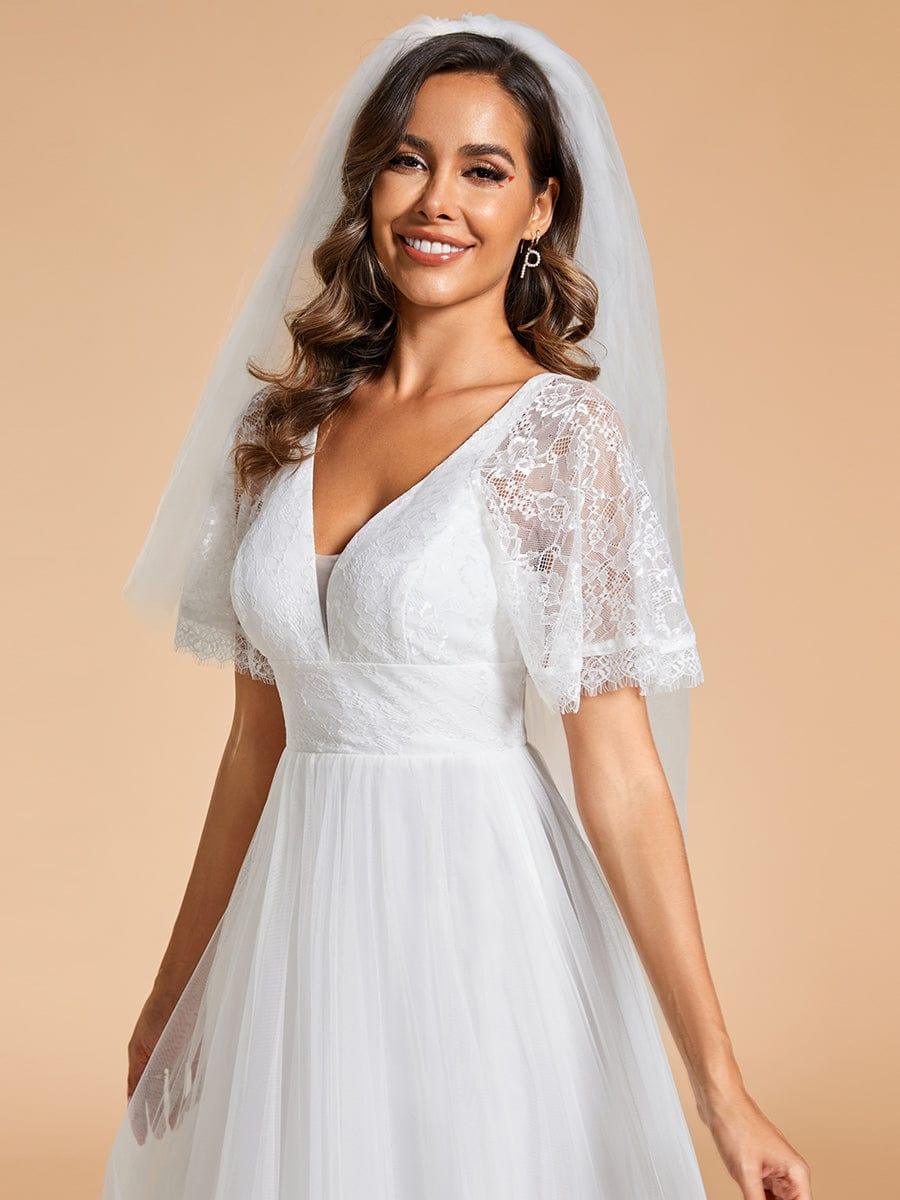 V-Neck Lace Tulle Wedding Dresses with Ruffled  Sleeves #color_White