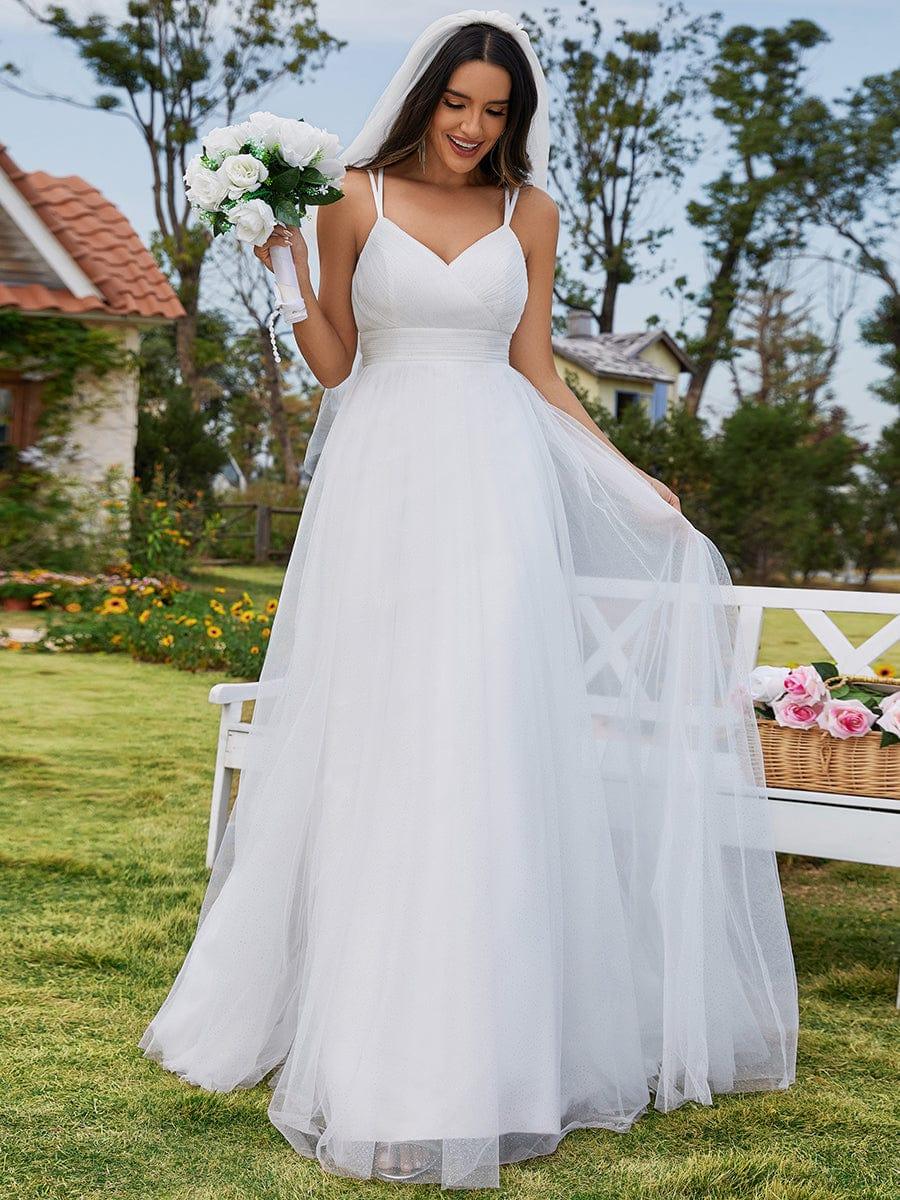 V-Neck Spaghetti Strap A-Line Wedding Dress with Butterfly Bow Back #color_White