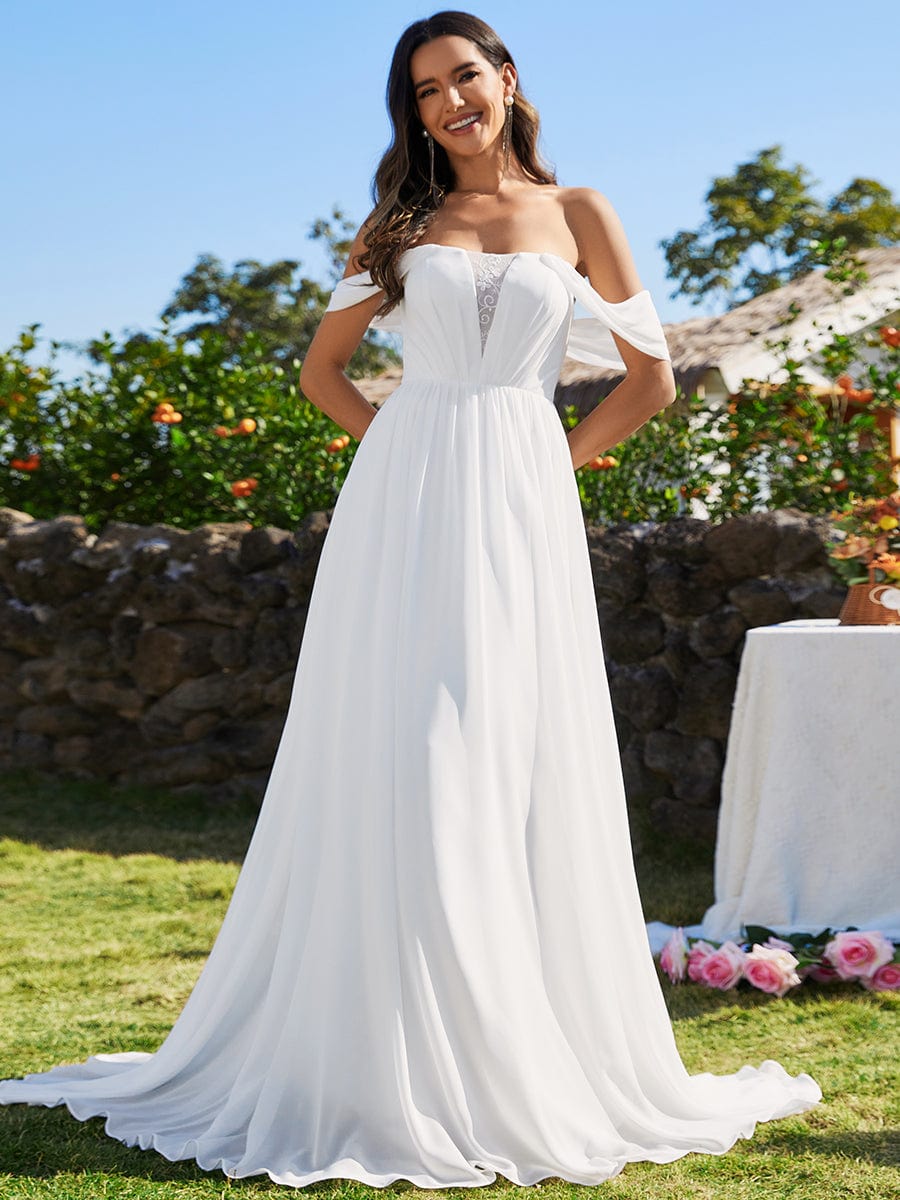 Corset-Back A-Line Chiffon Wedding Dresses featuring Off Shoulder Design