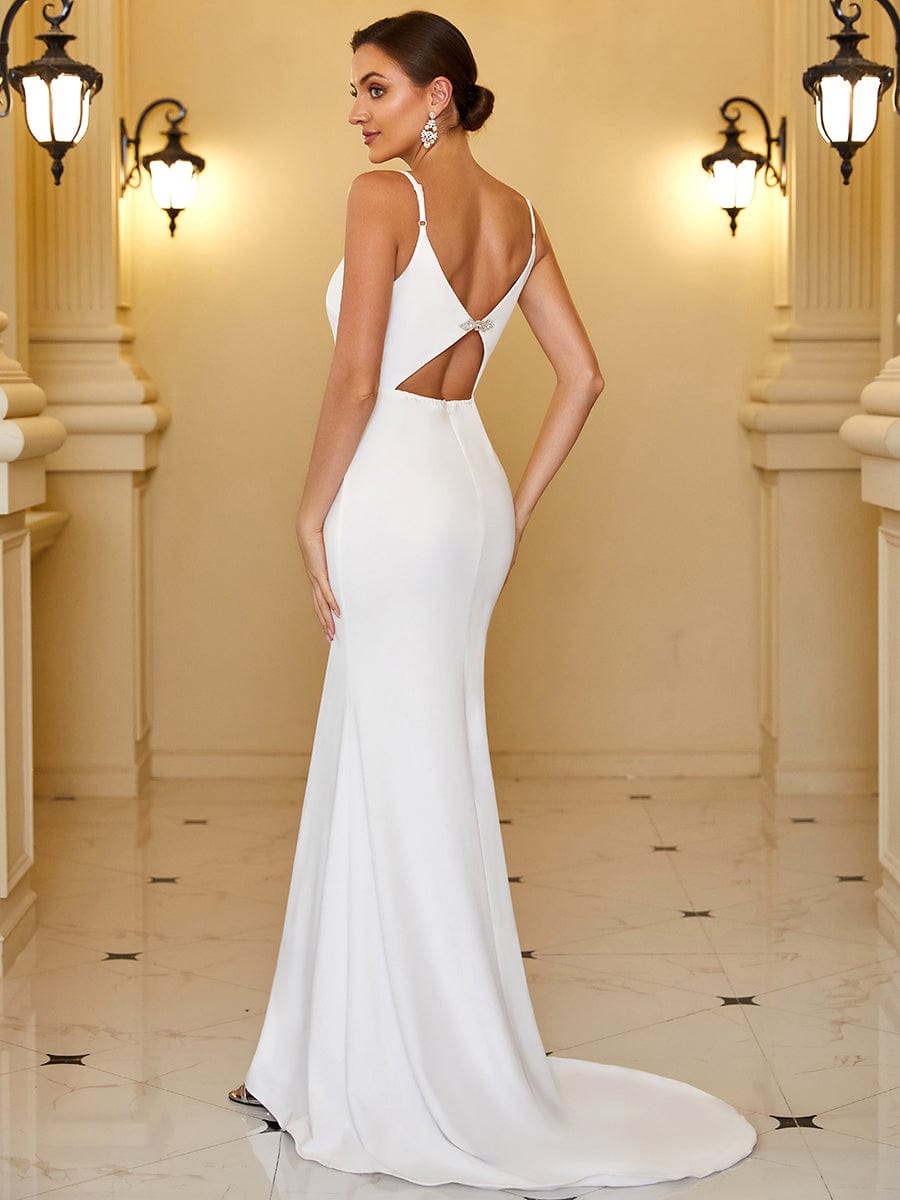 Cut-Out Sequin Back Spaghetti Strap Fishtail Wedding Dress #color_White