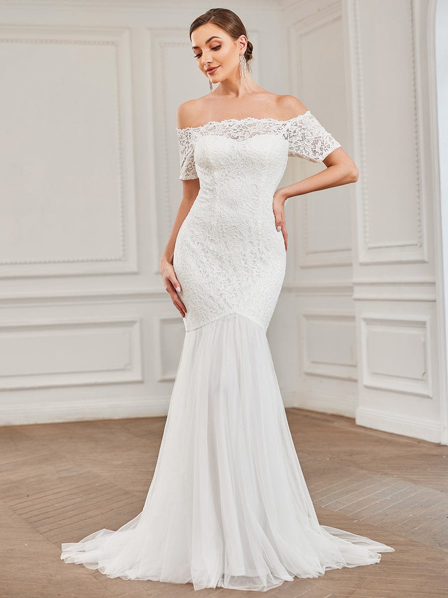Off the Shoulder Bodycon Fishtail Vintage Embroidered Floral Lace Wedding Dress #color_White Off the Shoulder Bodycon Fishtail Vintage Embroidered Floral Lace Wedding Dress