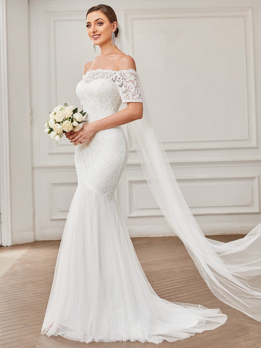Off the Shoulder Bodycon Fishtail Vintage Embroidered Floral Lace Wedding Dress #color_White Off the Shoulder Bodycon Fishtail Vintage Embroidered Floral Lace Wedding Dress