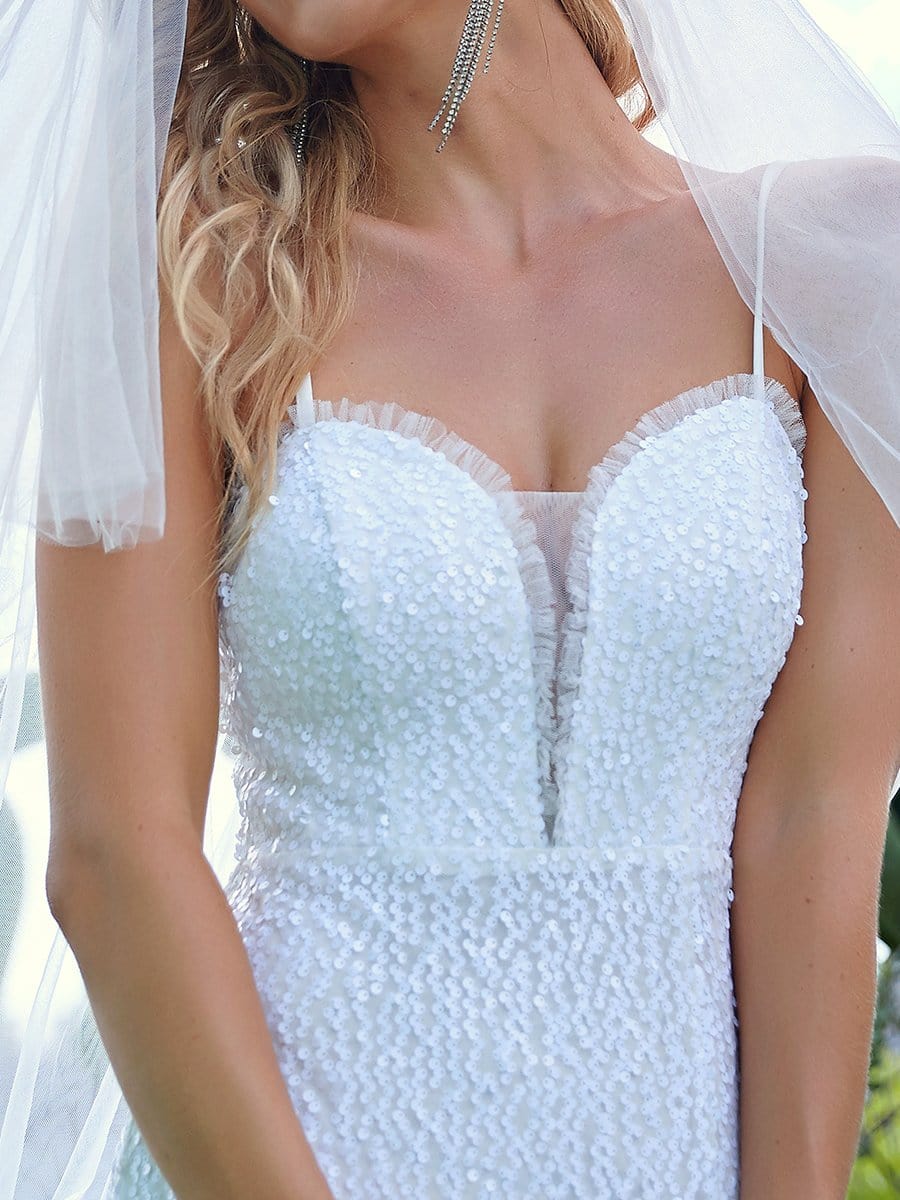 Sweetheart Spaghetti Strap Padded Slit Paillette Wedding Dress #color_Cream Sweetheart Spaghetti Strap Padded Slit Paillette Wedding Dress