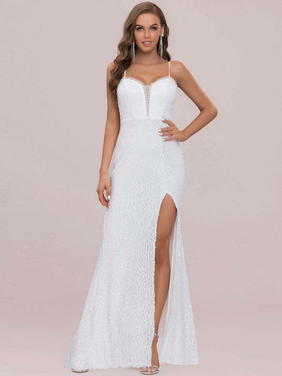 Sweetheart Spaghetti Strap Padded Slit Paillette Wedding Dress #color_Cream Sweetheart Spaghetti Strap Padded Slit Paillette Wedding Dress