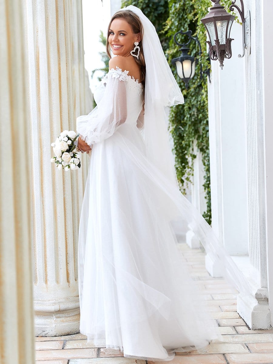 V Neck Off Shoulder Applique wedding dress #color_Cream V Neck Off Shoulder Applique wedding dress