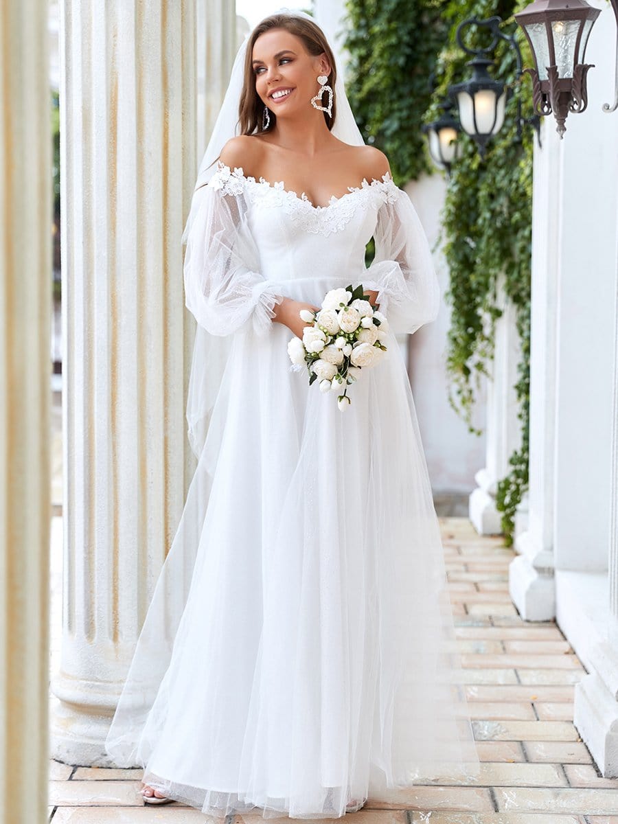 V Neck Off Shoulder Applique wedding dress #color_Cream V Neck Off Shoulder Applique wedding dress