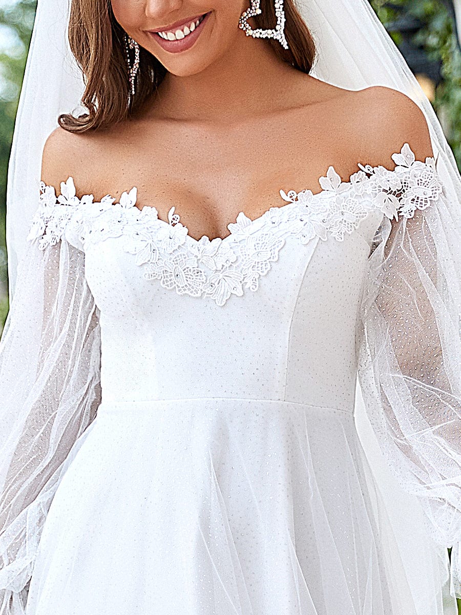 Custom Size Long Sleeve Off Shoulder Applique Maxi Wedding Dress #color_Cream Custom Size Long Sleeve Off Shoulder Applique Maxi Wedding Dress