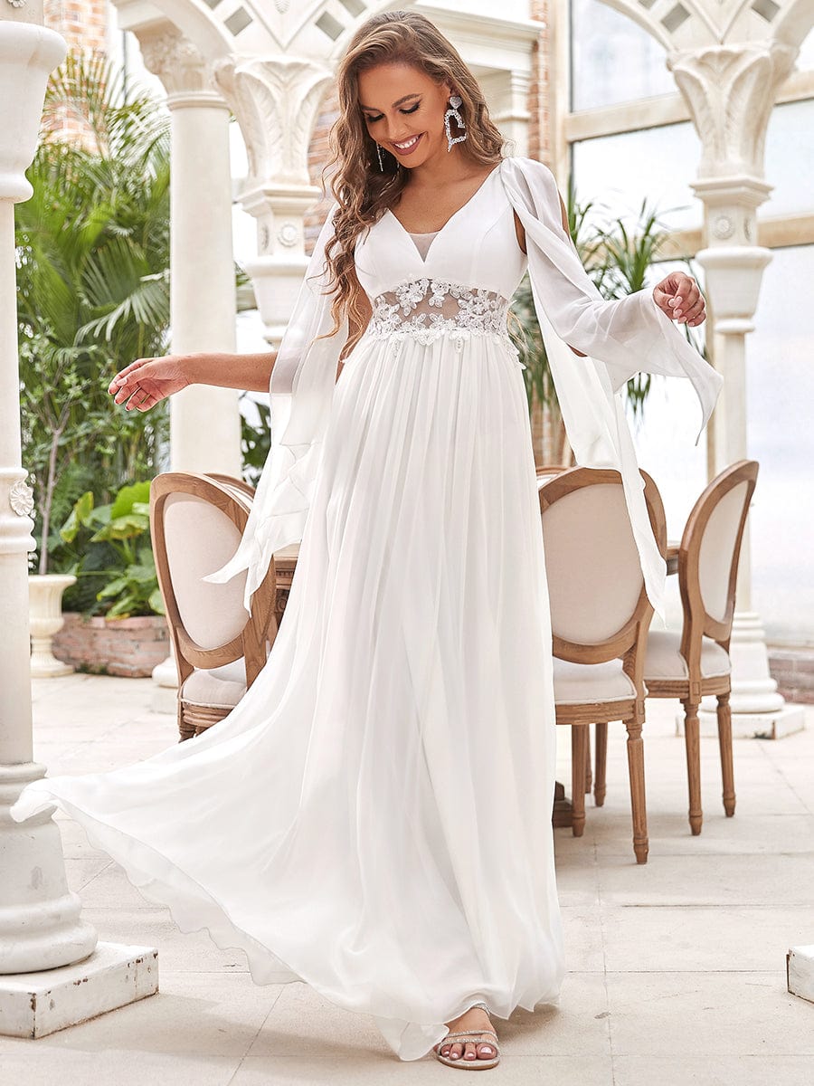 Custom Size Deep V Neck Applique Long Split Wedding Dress #color_Cream Custom Size Deep V Neck Applique Long Split Wedding Dress