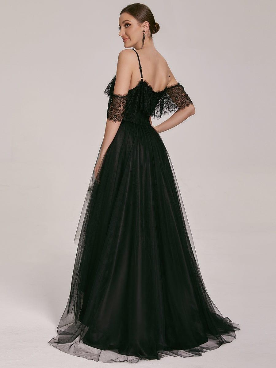 Maxi Long Spaghetti Straps High Low Lace Wedding Dress #color_Black