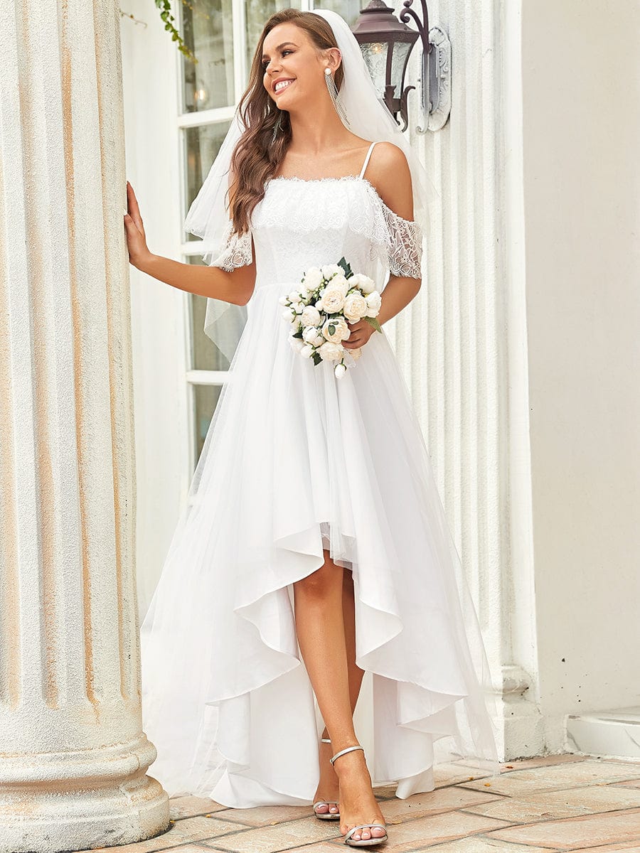 Custom Size Long Lace Spaghetti Straps High-Low Wedding Dress #color_Cream Custom Size Long Lace Spaghetti Straps High-Low Wedding Dress