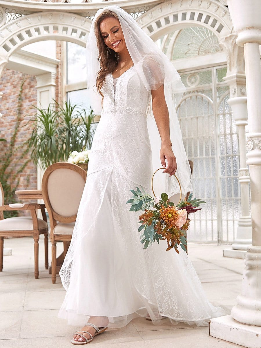 Gorgeous Sleeveless V-Neck Mermaid Long Wedding Dress #color_Cream Gorgeous Sleeveless V-Neck Mermaid Long Wedding Dress