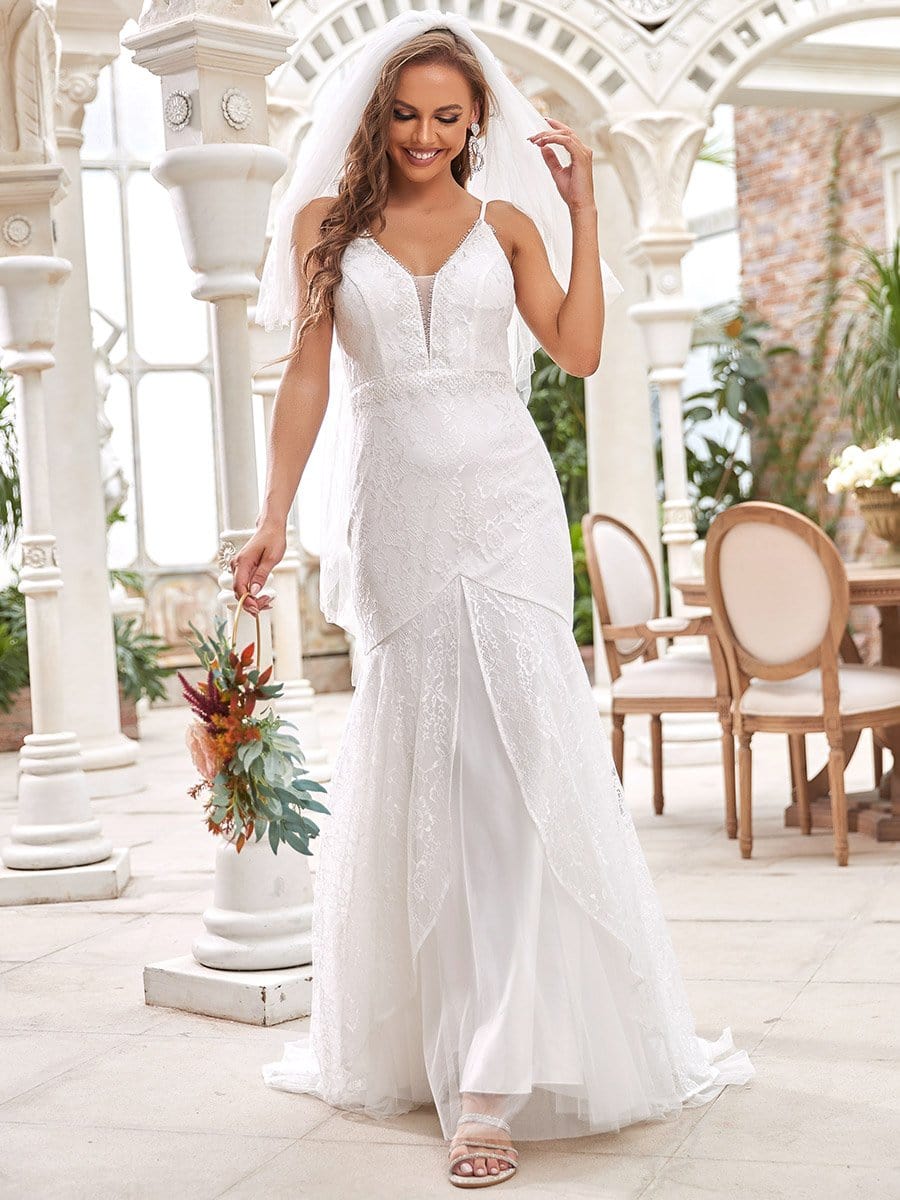 Gorgeous Sleeveless V-Neck Mermaid Long Wedding Dress #color_Cream Gorgeous Sleeveless V-Neck Mermaid Long Wedding Dress