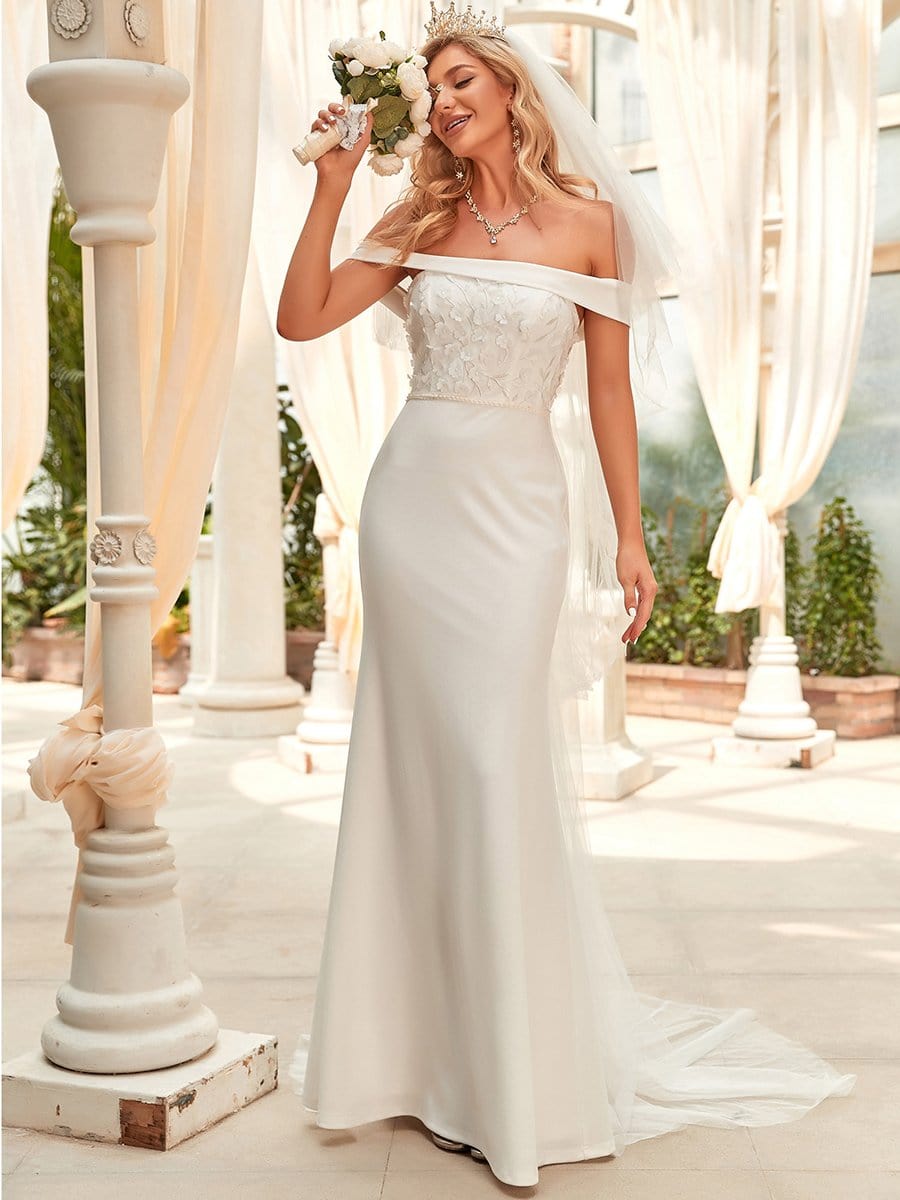 Off Shoulder Applique Fit And Flare Wedding Dress #color_White Off Shoulder Applique Fit and Flare Wedding Dress