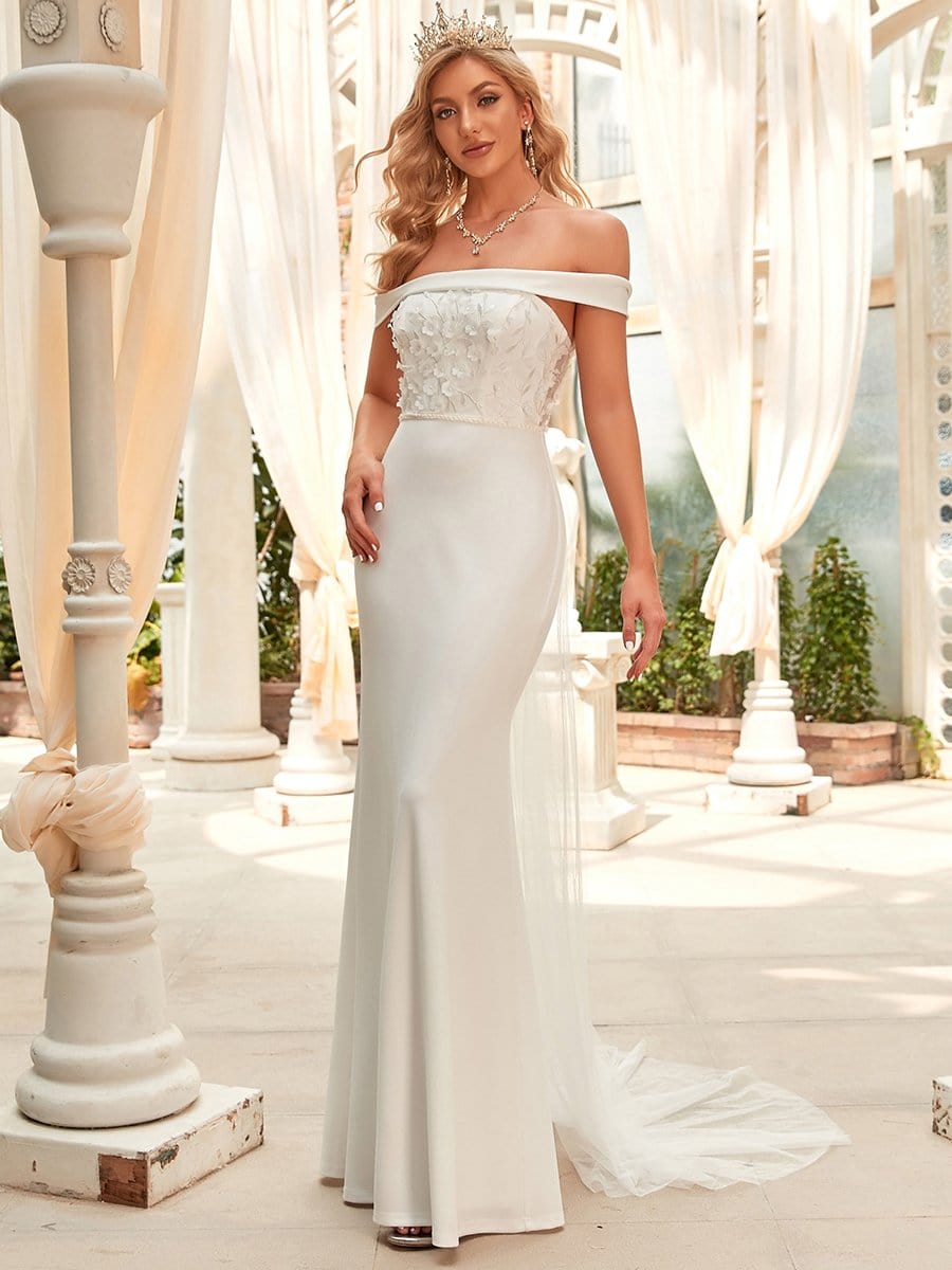 Off Shoulder Applique Fit And Flare Wedding Dress #color_White Off Shoulder Applique Fit and Flare Wedding Dress