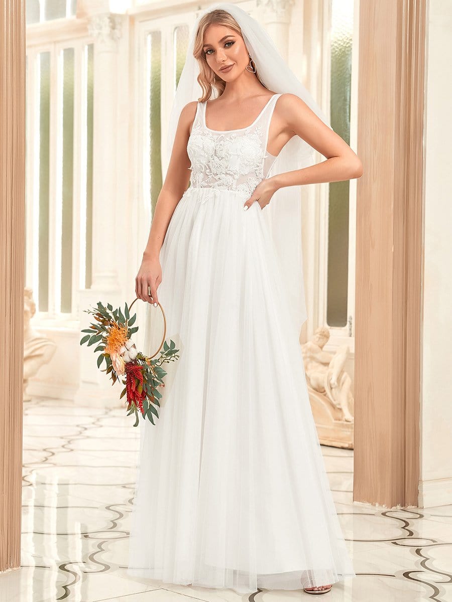 Sleeveless Applique Low Back Floor Length Wedding Dress #color_White
