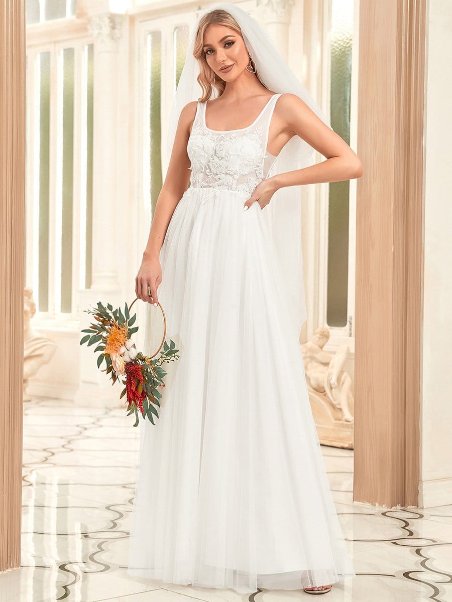 Sleeveless Applique Low Back Floor Length Wedding Dress #color_White Sleeveless Applique Low Back Floor Length Wedding Dress
