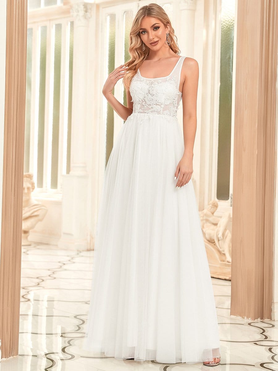 Sleeveless Applique Low Back Floor Length Wedding Dress #color_White Sleeveless Applique Low Back Floor Length Wedding Dress