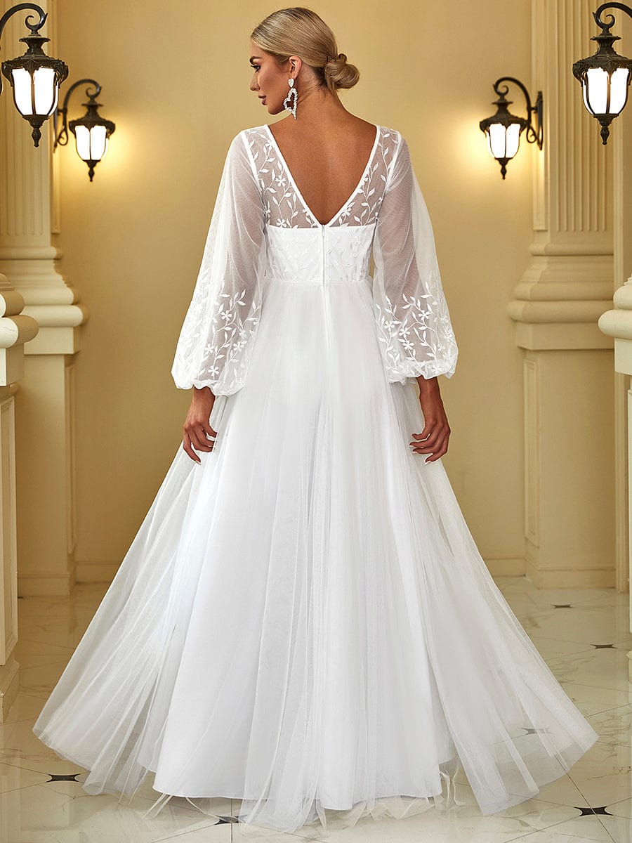 Sheer Long Sleeve Applique Floor Length Wedding Dress #color_White