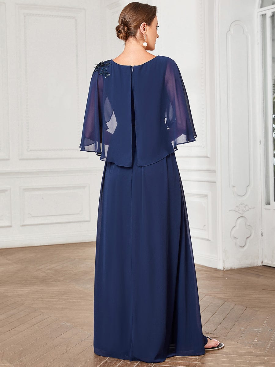 Sheer Bell Sleeve Capelet Maxi Mother of the Bride Dress #color_Navy Blue