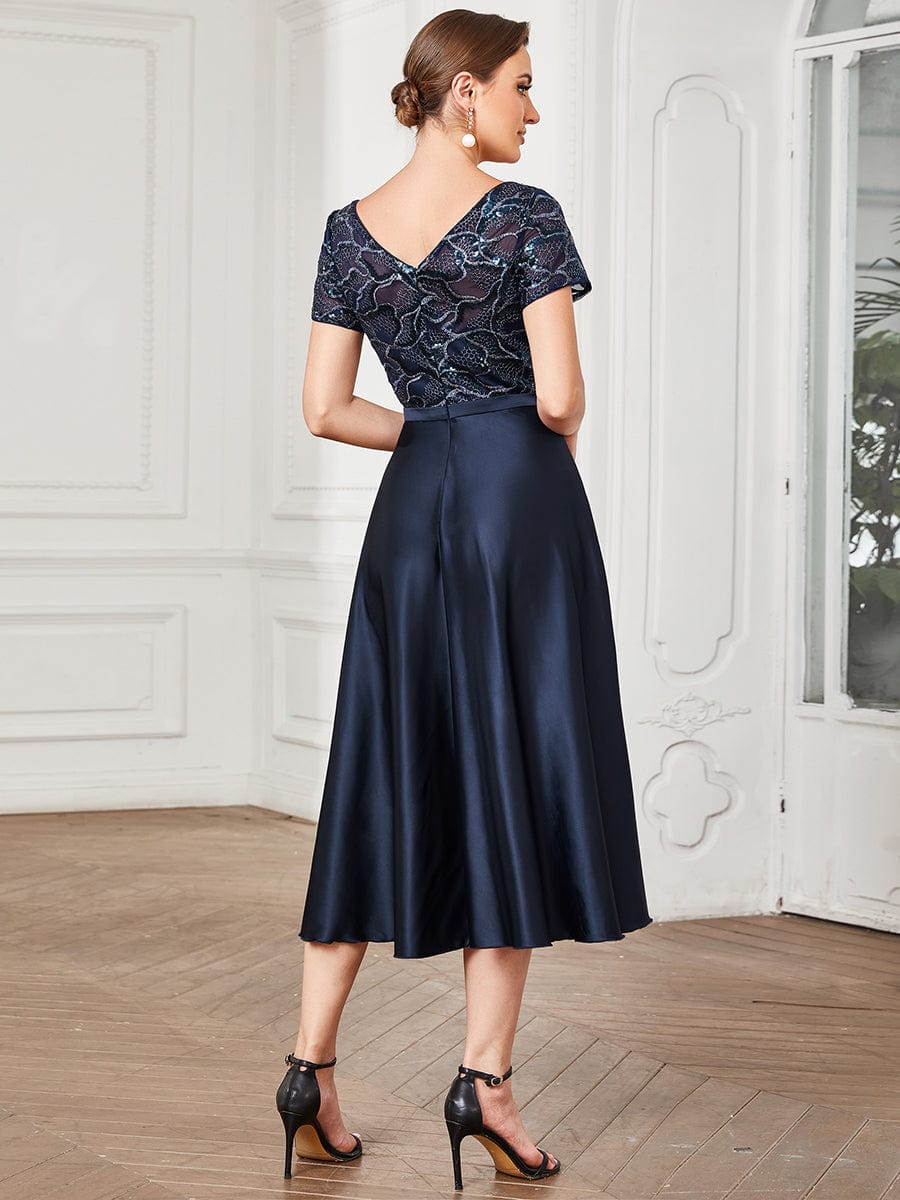 Short Sleeve Sequin Lace A-Line Midi Mother of the Bride Dress #color_Navy Blue Short Sleeve Sequin Lace A-Line Midi Mother of the Bride Dress