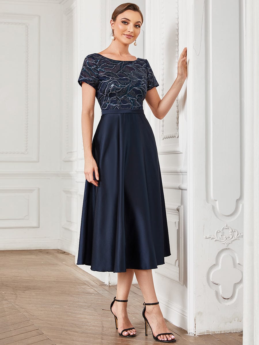 Short Sleeve Sequin Lace A-Line Midi Mother of the Bride Dress #color_Navy Blue Short Sleeve Sequin Lace A-Line Midi Mother of the Bride Dress