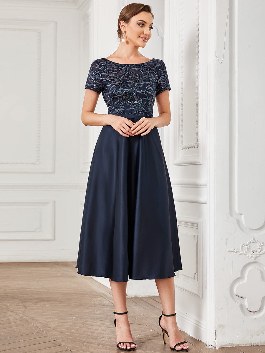 Short Sleeve Sequin Lace A-Line Midi Mother of the Bride Dress #color_Navy Blue Short Sleeve Sequin Lace A-Line Midi Mother of the Bride Dress