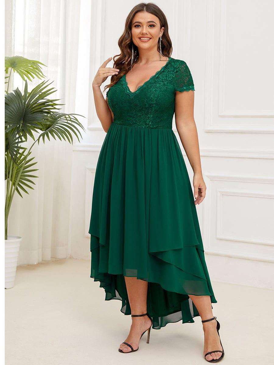 Plus Size Short Sleeve Vintage Ribbons High Low Mother of the Bride Gown #color_Dark Green