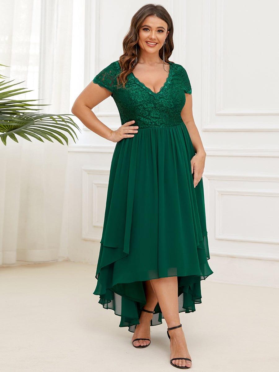 Plus Size Short Sleeve Vintage Ribbons High Low Mother of the Bride Gown #color_Dark Green