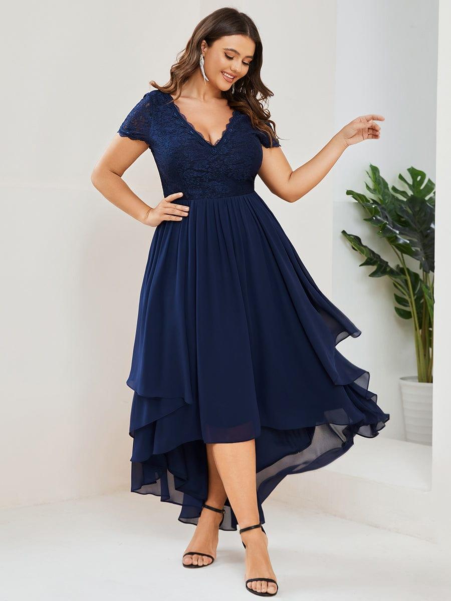 Plus Size Short Sleeve Vintage Ribbons High Low Mother of the Bride Gown #color_Navy Blue