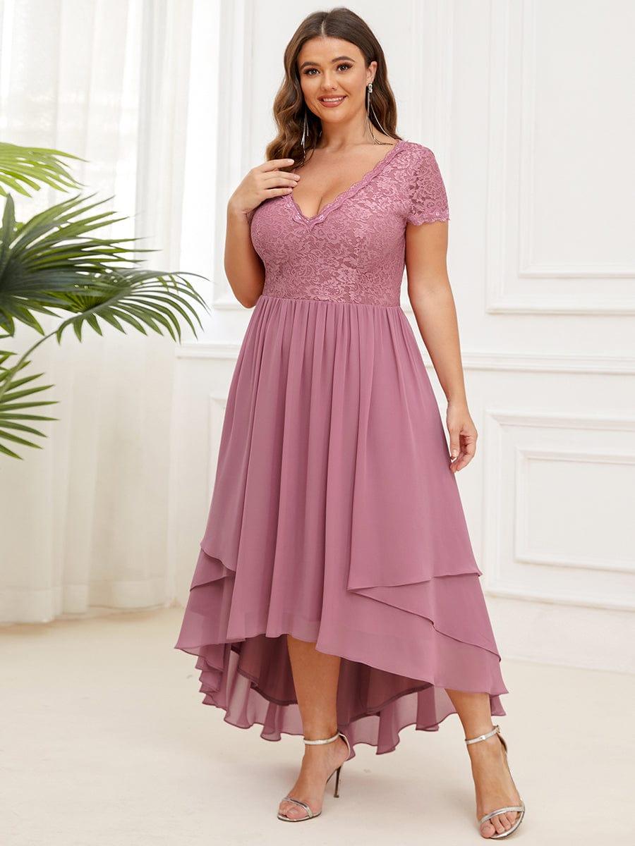 Plus Size Short Sleeve Vintage Ribbons High Low Mother of the Bride Gown #color_Purple Orchid