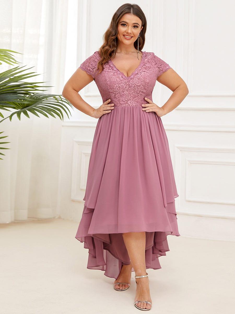 Plus Size Short Sleeve Vintage Ribbons High Low Mother of the Bride Gown #color_Purple Orchid